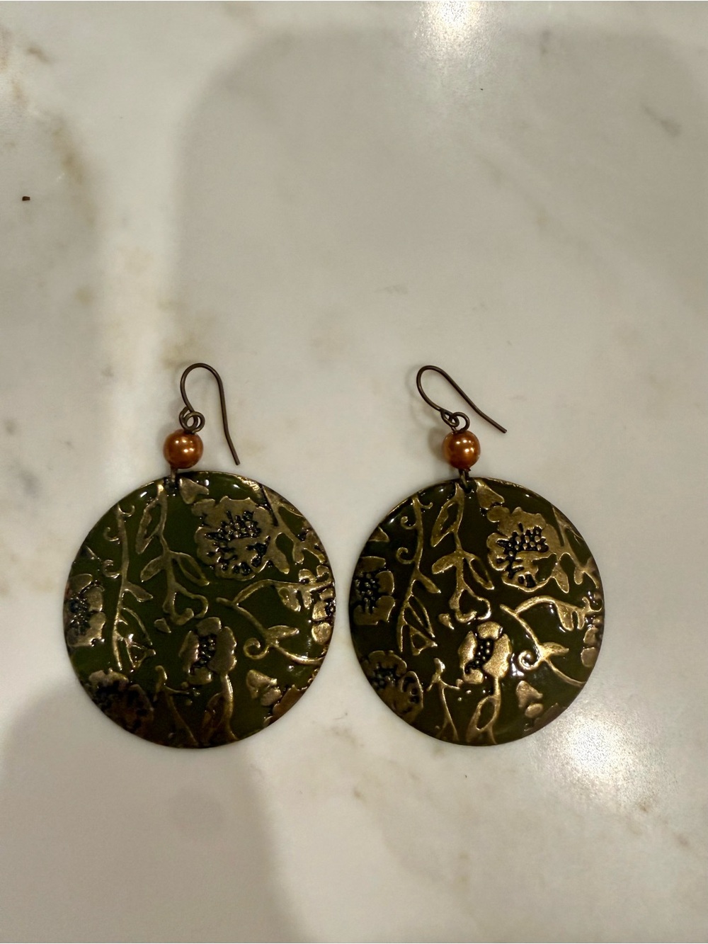 Olive Green Floral Etched Dangle Earrings